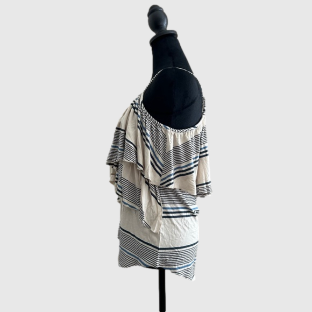Chaser Ruffle Stripe V Neck Tank Top Medium Cream Blue - Picture 3 of 8